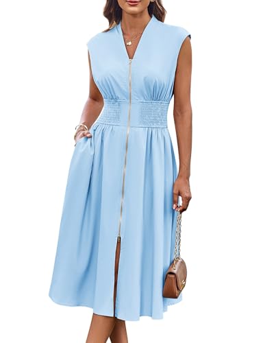 Image of Summer Dresses for Women 2025 V Neck Sleeveless Zipper Dinner Vacation Beach Midi Flowy Sundress Light Blue S