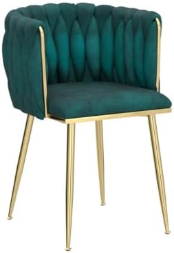 Velvet Dining Chairs Set of 6, Modern Upholstered Dining Room Chairs with Golden Metal Legs and Woven Backrest for Dining Room, Kitchen, Vanity, Living Room (Green)
