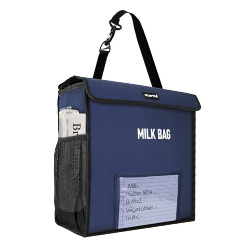 Image of Storite Milk Bag for Door Hanging - Insulated and Waterproof Storage for Milk Sachets, Bottles, Outdoor Gate Delivery Basket Box with Pocket for Notes and News Paper (Jumbo Blue, Large (36x17x35cm))