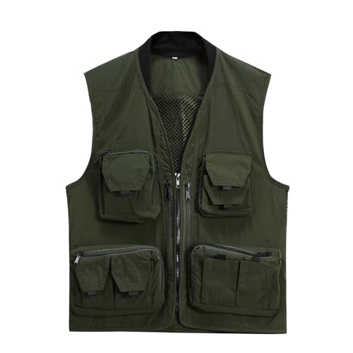 YOUTHUP Gilet Homme Pêche Safari 15 Poches Léger Respirant Multifonction Veste, Vert, L