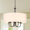 TYNEWRGY 19" Drum Modern Chandelier with Shades, 5-Light Farmhouse Linen Drum Shade Pendant Light Fixtures, Kitchen Round White Chandeliers Over Table for Dining Room Bedroom Hallway Light Fixture