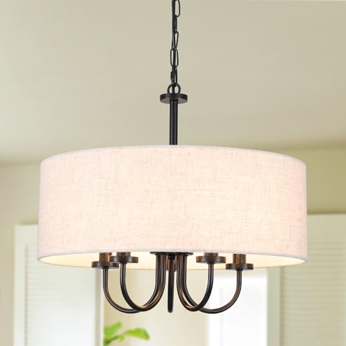 19' Matte Black Round Drum Chandelier, 5-Light Modern Farmhouse Drum Shade with White Linen Shade...
