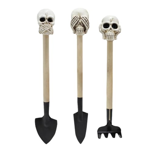 Ruwshuuk Pala de jardín en Miniatura, rastrillo de Pala para suculentas,Pala de trasplante de 3 Piezas Pala de jardín en Miniatura con Calavera - Herramienta de Mano portátil Herramienta de jardín de