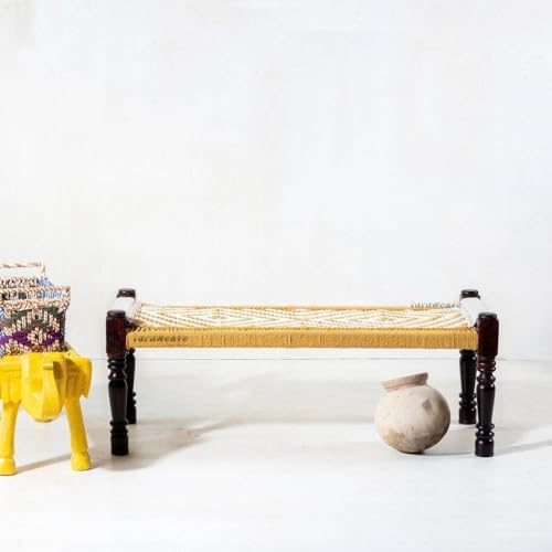 Image of Wooden Bench for Seating | Handcrafted Sheesham Wood Bench for Living Room, Balcony & Garden | Traditional Patio for Outdoor with Cotton Handwoven Rope | Yellow and White