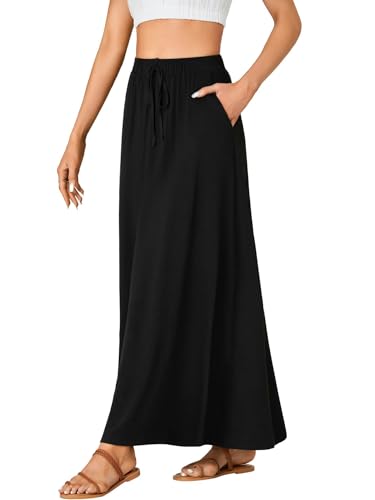 Rooscier Women's Elastic High Waist Back Slit A-Line Long Skirt with Pocket4