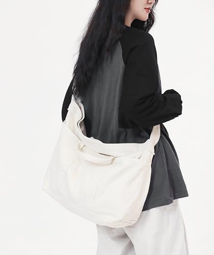Image of Cotton Tote Handbag Women Canvas Crossbody Beach Bag Hobo Shoulder Tote Bag with 3 External Pocket,Zipper Closure