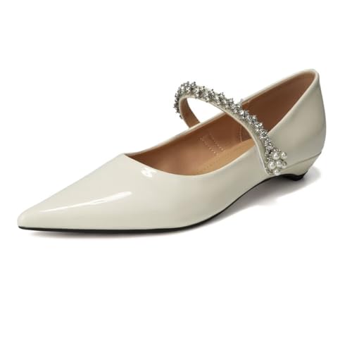 ChaiRong Zhou Women Pointed Toe Mary Jane Shoes Hook and Loop Rhinestone Strap Patent Leather Flats Casual Ballet Dress Shoes