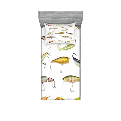 Ambesonne Fishing Fitted Sheet & Pillow Sham Set, Fishing Tackle Bait Spearing Trapping Catching Aquatic Animals Molluscs Design, Decorative Printed 2 Piece Bedding Decor Set, Twinxl, Green Mustard