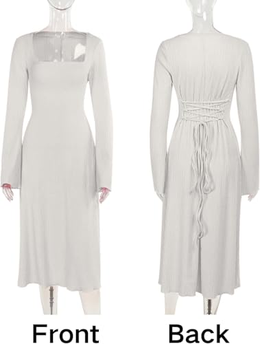 Image of Shasmi Women's Square Neck A-Line Dress - Long Sleeve, Tie Waist, Knitted Stretchable, Casual & Office Outfit, Solid Winter Midi Dress for Women (Dress 221)