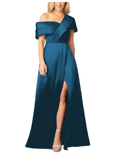Women's One Shoulder Prom Dress with Slit Satin Floor Lenght Formal Evening Dress A Line Wedding Guest Dress