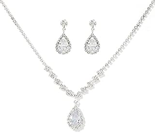 Ushiny Bridal Wedding Jewellery Set Silver Rhinestone Necklaces and Earrings Set Sparkly Crystal Dangle Drop Earrings Necklace Jewellery Set for Women and Girls