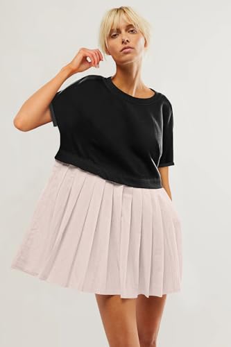 Image of SAUKOLE Womens Summer Crew Neck Short Sleeve Dress Patchwork Pleated A Line Beach Mini Dress
