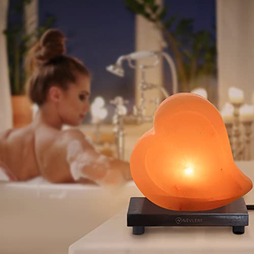 Nevlers Salt Heart Lamp With Wood Base | 100% Authentic Pink Himalayan Salt Lamp | Salt Rock Lamp With Dimmer Cord & Light Bulb | Himalayan Pink Salt Lamp | Hand Crafted Pink Himalayan Salt Lamps #TOP1