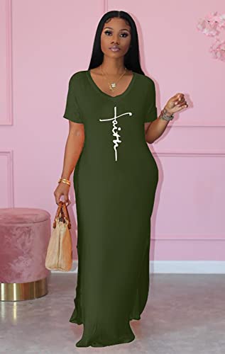 Image of Women Summer V Neck Loose Side Split Maxi Dresses with Pocket