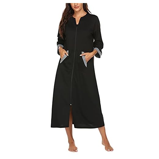 Ekouaer Women Zipper Robe 3/4 Sleeves Loungewear Full Length Sleepwear Pockets Housecoat Long Soft Bathrobe