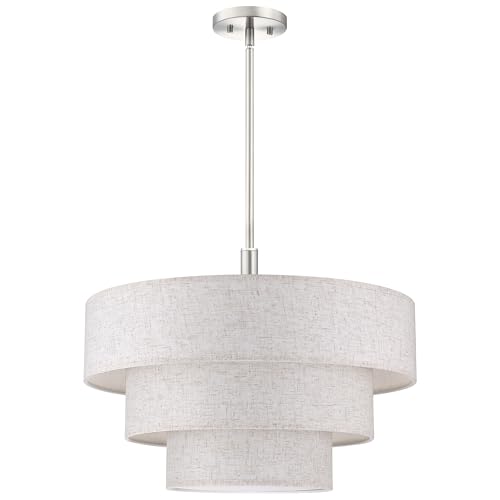 Doraimi Lighting 3 Tier Cream Linen Drum Fabric Pendant Light Modern Farmhouse Decor 7 Lights 24 Inch Brushed Nickel Finish for Kitchen Living Room Dining Room Corridor Hallway