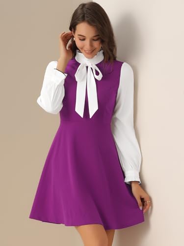 Image of Allegra K Tie Neck Dresses for Women's 1960s Vintage Long Sleeve Contrast Color Dress