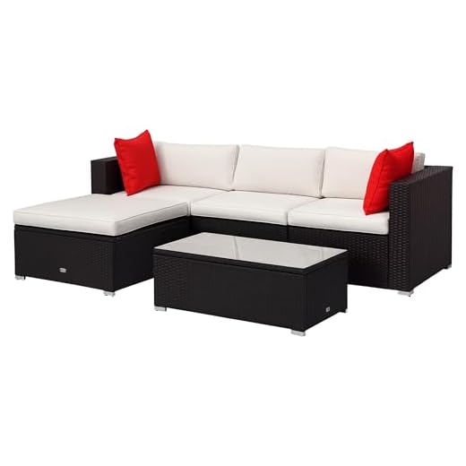 Outsunny 5-Piece Outdoor Sectional Furniture, Patio Sofa Set, 3-Seat PE Wicker Couch with 2 Corners, Stand Alone, Cushions, Pillows, Ottoman Footrest, Tempered Glass Coffee Table, Cream White