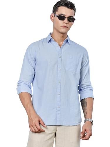 Image of Thomas Scott Men's | Solid | Premium Linen Blend | Spread Collar | Summer Wear | Long Sleeve | Shirts for Men