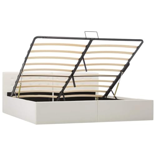 vidaXL Cama Canapé Hidráulica Cuero Sintético Mobiliario Casa Decoración Interior Resistente Robusta Duradera Práctica Cómoda Útil Blanco 180x200cm