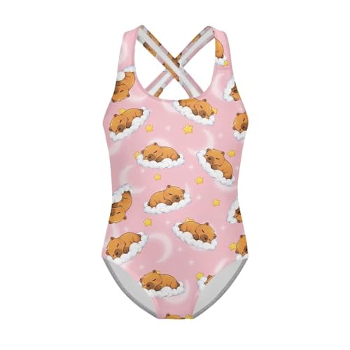 Image of Girls One Piece Swimsuits Summer Quick Dry Crewneck Beach Bathing Suit Cross Shoulder Strap Swimwear 5-14 Years