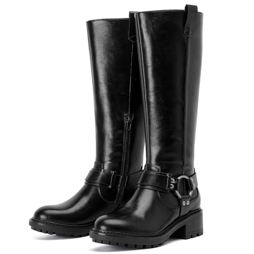 Ruiee Knee High Boots for Women Wide Calf Comfort Casual Flat Riding Combat Long Boots Low Heeled Winter Fall Fashion Dressy Tall Knee-High Boots. 240972 Black PU Size8.5