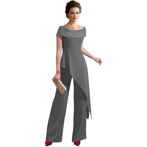 2 Piece Mother of The Bride Pant Suits for Wedding Off The Shoulder Chiffon Wedding Guest Outfit