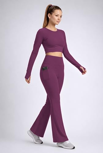 Image of PINAAK FASHION Women's Yoga Co-Ord Set | Full Sleeve Crop Top & Flared High Waist Yoga Pants with Pocket | Thumb Hole Sleeves | Bell Bottom Gym Wear Activewear Tracksuit for Workout, Running & Lounge