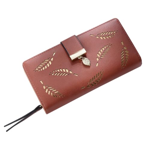 Women Elegant Hollow Leaves Leather Purse Multi-card Slots Bifold Clutch Wallet for Cash and Holding Coffee
