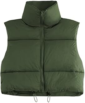 CULACCINO Women's Winter Cropped Puffer Vest Crop Jackets For Women Full Zip Stand Collar Padded Lightweight Outwear Vest