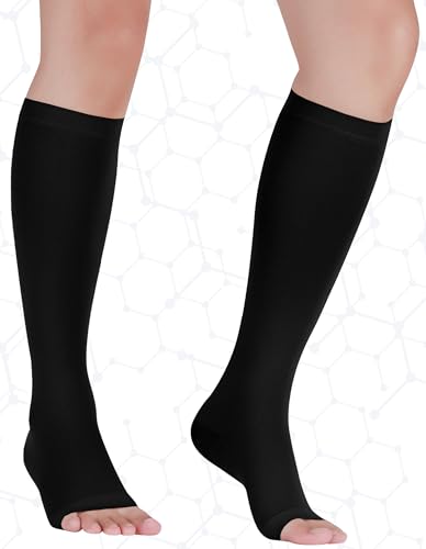 Image of +MD 2 Pairs 20-30 mmHg Compression Socks for Women & Men, Knee High Open Toe Stockings, Graduated Support & Comfort Hose
