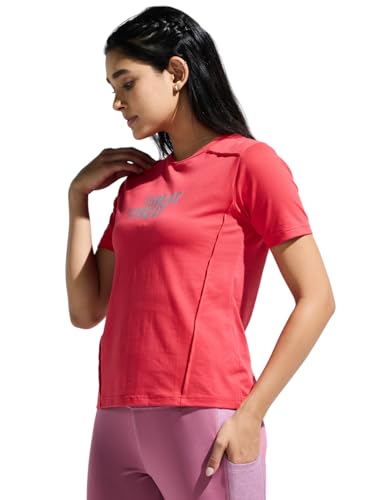 Image of Women's Soft Feel Round Neck Basic Moisture Wicking T-Shirt with Reflective Print | Super Stretchable T-Shirt for Girls | Women Light Weight Tshirt | Yoga Tshirt for Women