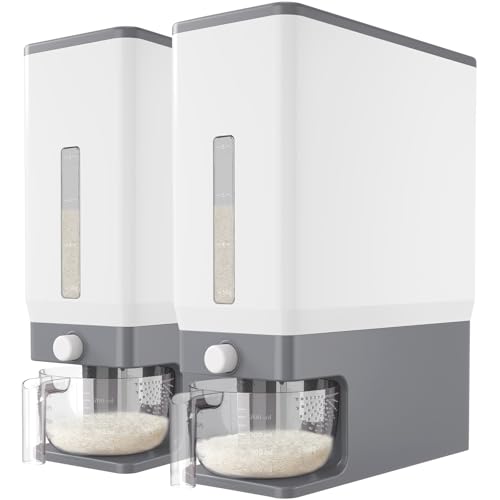 Lifewit 2 Pack Rice Dispenser 25 Lbs(11.3kg), Rice Storage Container Sealed Moisture Proof with Measuring Cup for Kitchen Pantry Household, BPA-Free, Grey