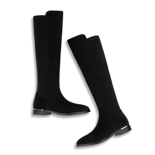 Image of Modatope Rounded Toe Flat Stretchy Dress Knee High Boots Side Zipper | Suede Elastic Fall Winter Boots, Low Chunky Block Heel Riding Boots,2026 Fashion Womens Tall Long Boots