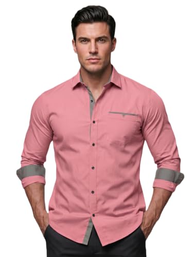 Image of Men's Cotton Blend Shirt with Solid Long Sleeves Spread Coller Neck Regular Fit Single Chest Pocket and Standard Length | Cotton Casual Shirt for Man