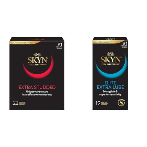 SKYN Extra Studded Non-Latex Ultra Thin Condoms 22 Count Box and SKYN Elite Extra Lube Ultra-Thin Lubricated Latex-Free Condoms 12 Count