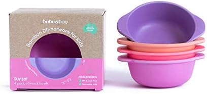 Bobo&Boo Bamboo Kids Snack Bowls, Set of 4 Bamboo Dishes, Non Toxic, Eco Friendly & Stackable Kids Snack Containers, Great Gift for Baby Showers, Birthdays & Preschool Graduations, Sunset