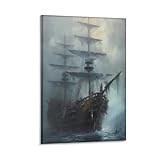 Iisrar Ghost Pirate Sailing Ship Painting, Haunted Poster, Dark Academia Print, Printable Digital Decor Canvas Wall Art Print Poster For Home School Office Decor Frame 12x18inch(30x45cm)