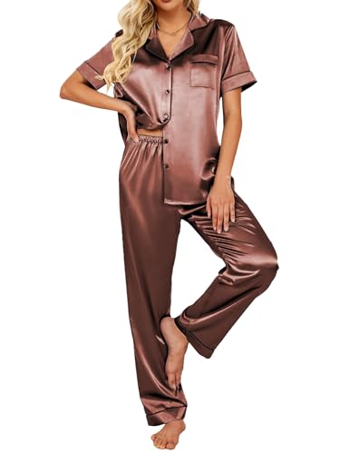 Image of Ekouaer 2 Piece Satin Short Sleeve Pajamas Set Button Down Sleepwear | Soft Pjs Set Classic Loungewear for Wedding, Party, Home, Daily Wear, Date Nights