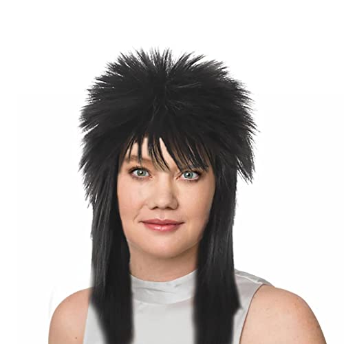 Peruca longa preta dos anos 80,80's Black Straight Wave Mullet Wig Halloween Costume Fashion Wig |
