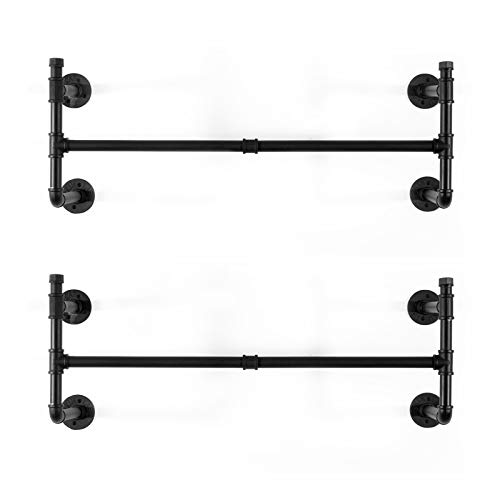 Oyydecor 2 Pack Industrial Pipe Clothes Rack, Heavy Duty Wall Mounted Black Iron Garment Rack Bar, Multi-Purpose Hanging Rod for Closet Storage, Laundry Room, 44\'\' Length, No Planks (Four Base)