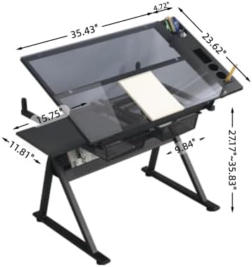 Donext Height Adjustable Drafting Table, 0-75° Adjustable Glass Top Art Desk with Large Storage Space, Ideal for Drawing and Crafting, Designed for Designers and Art Students