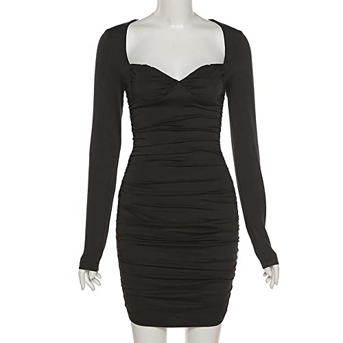 Bodycon elegante vestido curto feminino sexy manga comprida franzida mini preto outono inverno festa