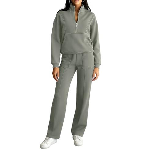 Workout Set Womens Sweats Comfiest Airport Outfits Womens 2 Piece Outfits Fall Fashion Airport Wide Leg Pants Lounge Set Leisure Plus Size Zipper Clothes Sweatsuits Comfrt Sweat (Army Green,M)