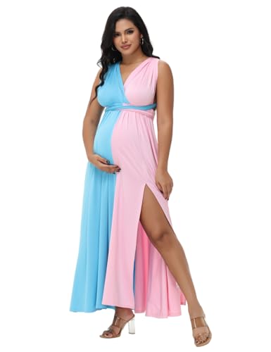 JustVH Womens Maternity Colorblock Cross Wrap Tie Backless Multi-Way Dress for Photoshoot Baby Shower Party