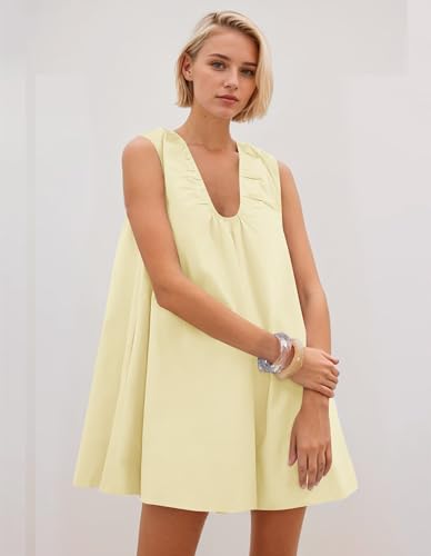 Image of Women Summer Sleeveless Babydoll Mini Dress Scoop Neck Loose Fit Tank Dresses Party Ruched Short Dress with Pockets