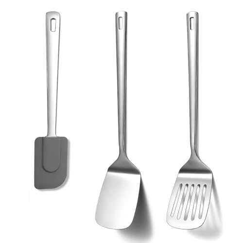 Berglander Stainless Steel Spatulas Set 3pcs, Metal Spatula Solid&Slotted&Flexible Turner, Heavy Duty Sturdy Kitchen Spatula, High Heat Resistant Cooking Utensils for Nonstick Cookware