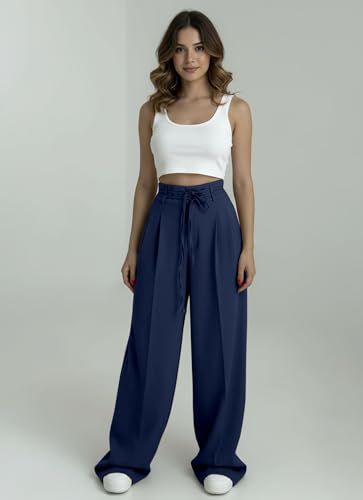 Image of Aahwan OffWhite Solid High Fabric Belt Waist Straight Korean Loose Pleated Wide Leg Trouser for Women's & Girl's