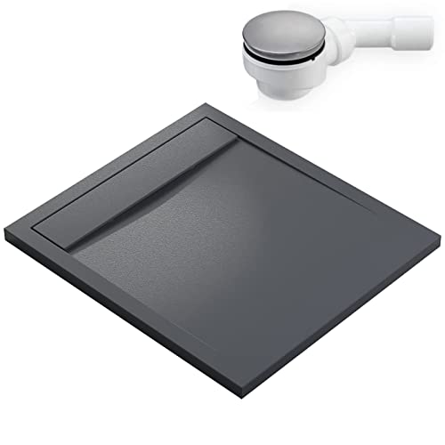 BERNSTEIN Duschtasse 100x90 cm Anthrazit Matt Flache Bauhöhe, Duschwanne aus Mineralguss, Rechteckiges Duschbecken mit Gefälle, Mineralguss-Duschwanne komplett inkl. Ablaufgarnitur Typ B