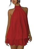 NWFZCCP Sexy Cocktail Dresses for Women Halter High-Neck Sleeveless Backless Lawn Ruffled Hem Red Medium
